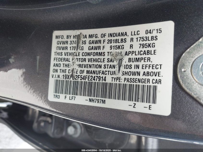 2015 Honda Civic Lx VIN: 19XFB2F54FE247914 Lot: 43402004