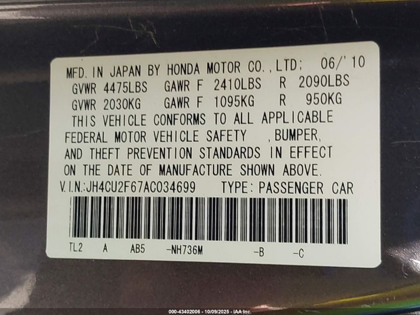 2010 Acura Tsx 2.4 VIN: JH4CU2F67AC034699 Lot: 43402006
