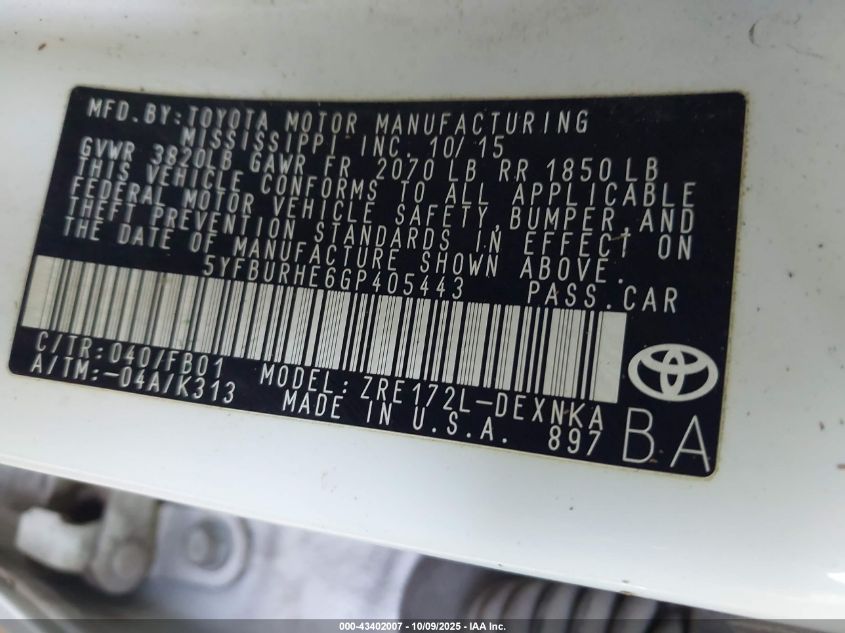 2016 Toyota Corolla Le VIN: 5YFBURHE6GP405443 Lot: 43402007