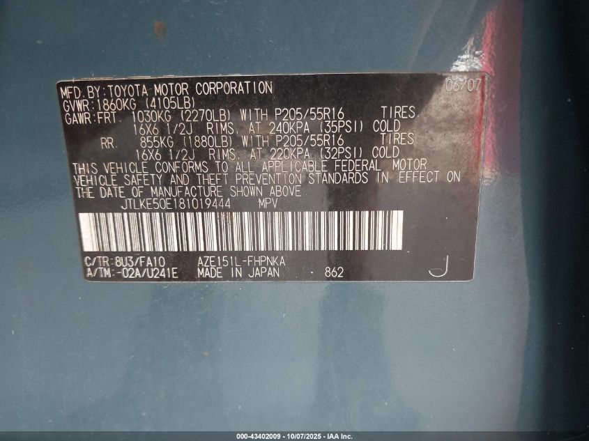 2008 Scion Xb VIN: JTLKE50E181019444 Lot: 43402009