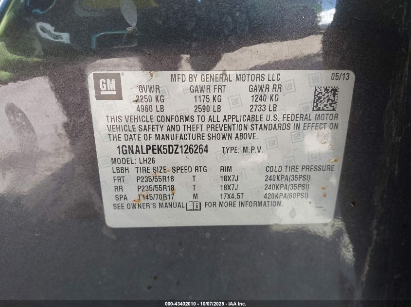 2013 Chevrolet Equinox 2Lt VIN: 1GNALPEK5DZ126264 Lot: 43402010