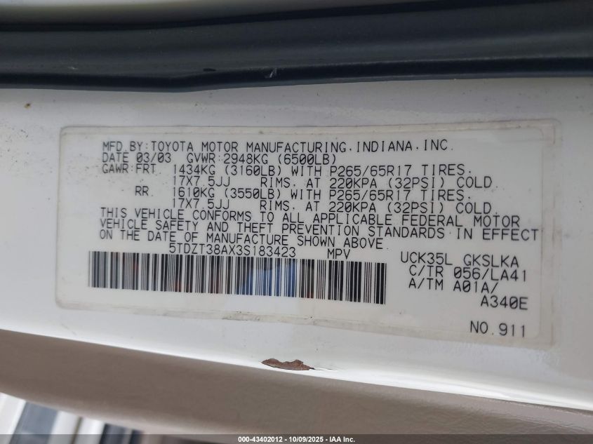 2003 Toyota Sequoia Limited V8 VIN: 5TDZT38AX3S183423 Lot: 43402012