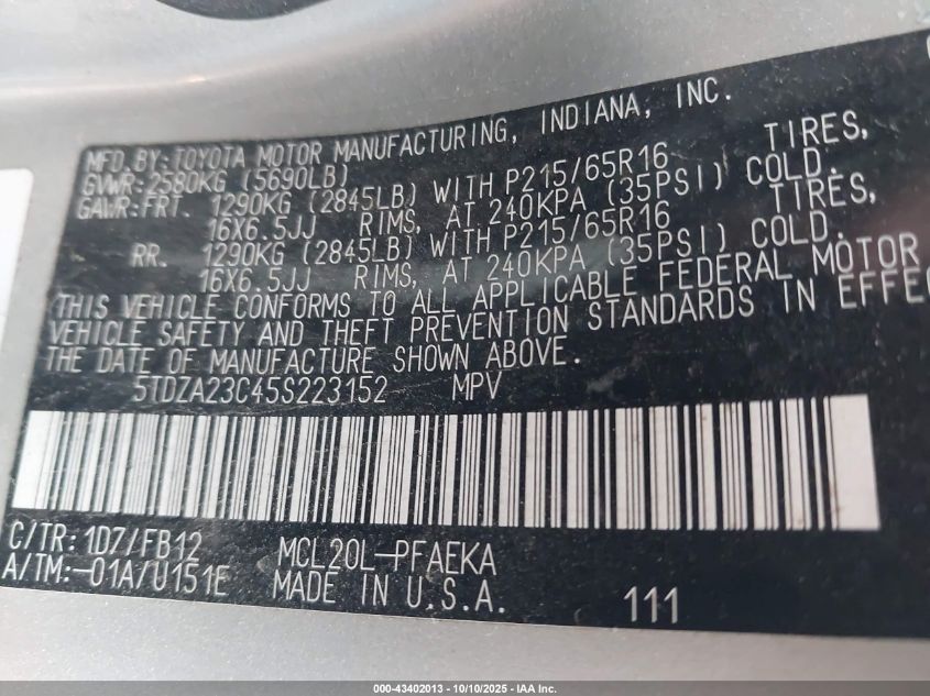 2005 Toyota Sienna Le VIN: 5TDZA23C45S223152 Lot: 43402013