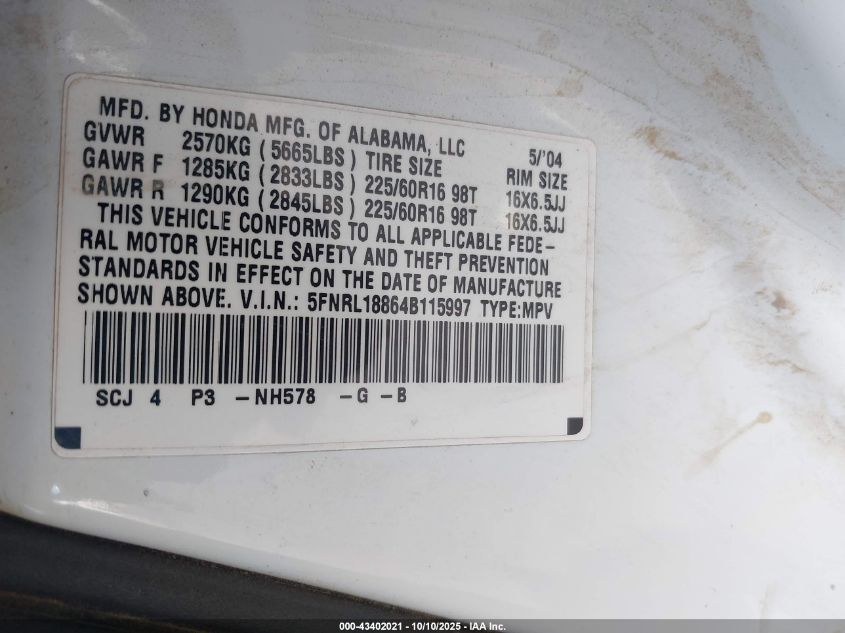 2004 Honda Odyssey Ex VIN: 5FNRL18864B115997 Lot: 43402021