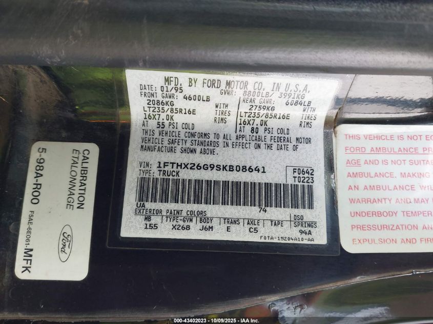 1995 Ford F250 VIN: 1FTHX26G9SKB08641 Lot: 43402023