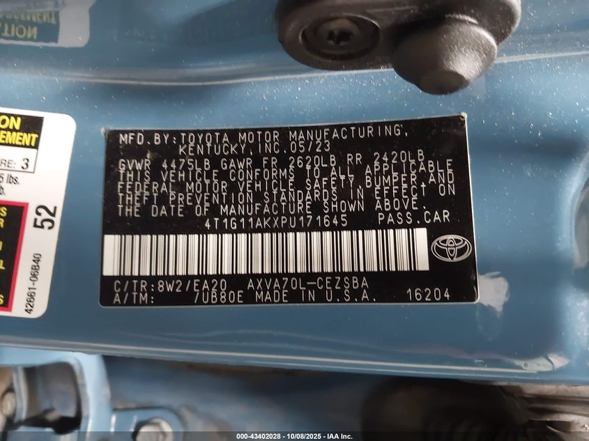 2023 Toyota Camry Se VIN: 4T1G11AKXPU171645 Lot: 43402028