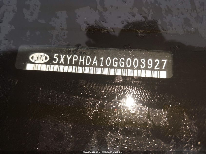 2016 Kia Sorento 2.0T Ex VIN: 5XYPHDA10GG003927 Lot: 43402038