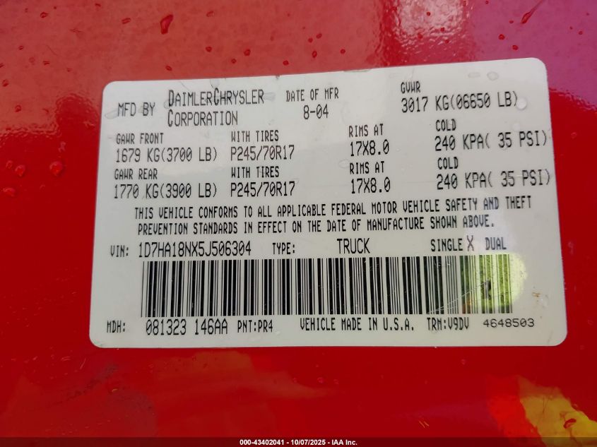 2005 Dodge Ram 1500 Slt/Laramie VIN: 1D7HA18NX5J506304 Lot: 43402041