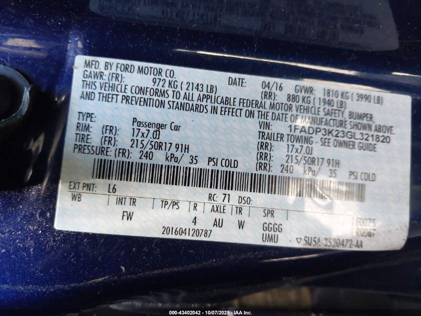 2016 Ford Focus Se VIN: 1FADP3K23GL321820 Lot: 43402042