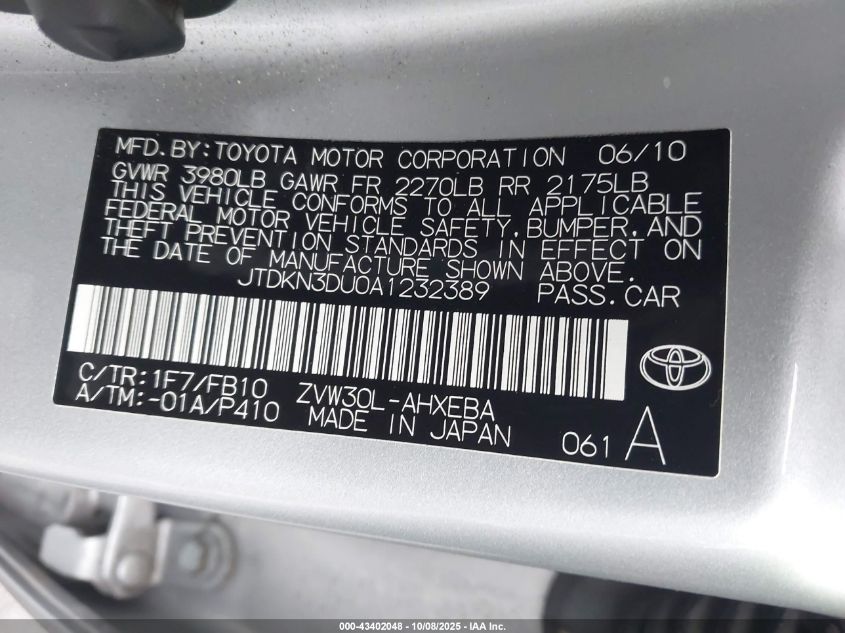 2010 Toyota Prius Ii VIN: JTDKN3DU0A1232389 Lot: 43402048