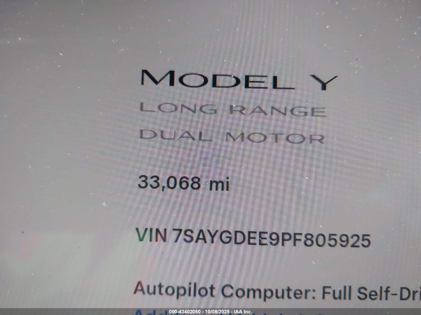 2023 Tesla Model Y Awd/Long Range Dual Motor All-Wheel Drive VIN: 7SAYGDEE9PF805925 Lot: 43402050