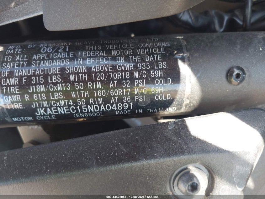 2022 Kawasaki En650 C VIN: JKAENEC15NDA04891 Lot: 43402053