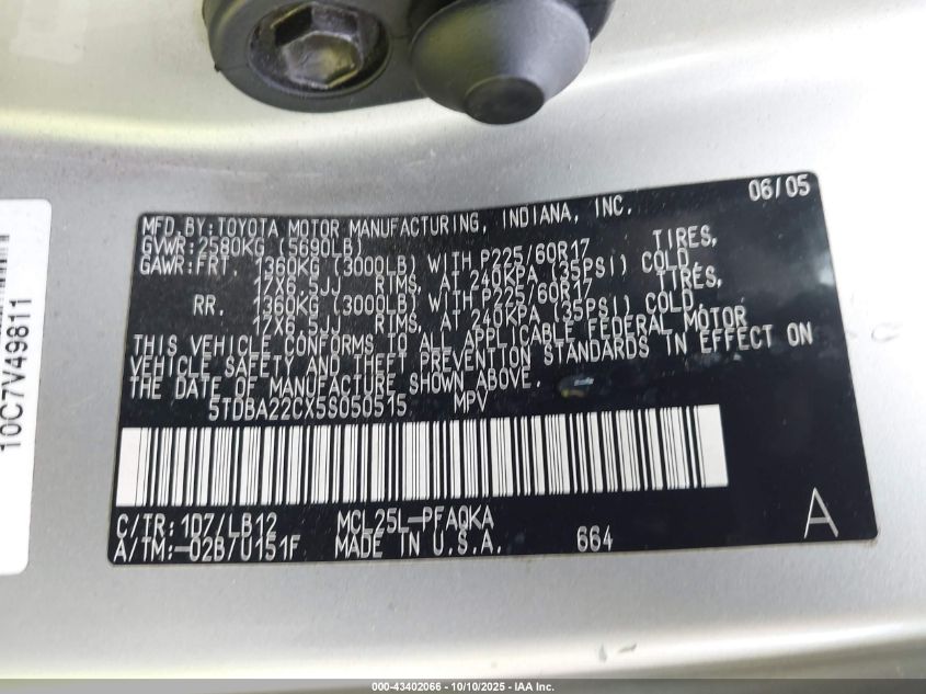 2005 Toyota Sienna Xle VIN: 5TDBA22CX5S050515 Lot: 43402066