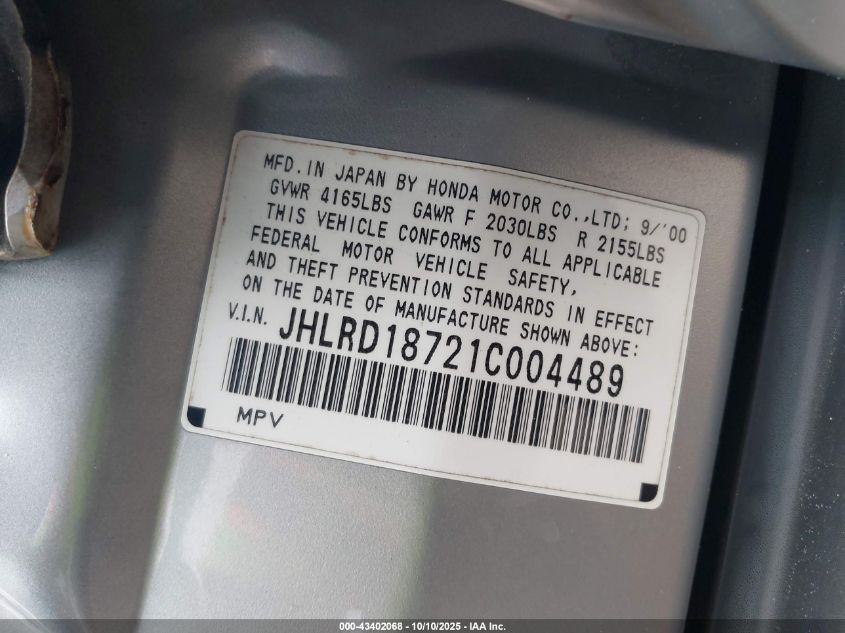 2001 Honda Cr-V Special Edition VIN: JHLRD18721C004489 Lot: 43402068
