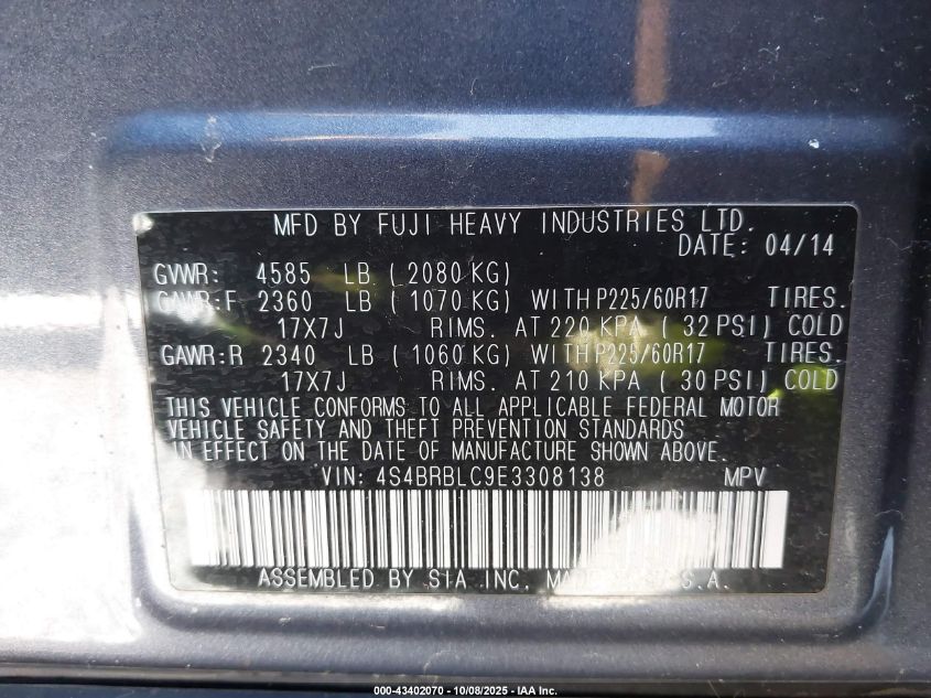 2014 Subaru Outback 2.5I Limited VIN: 4S4BRBLC9E3308138 Lot: 43402070