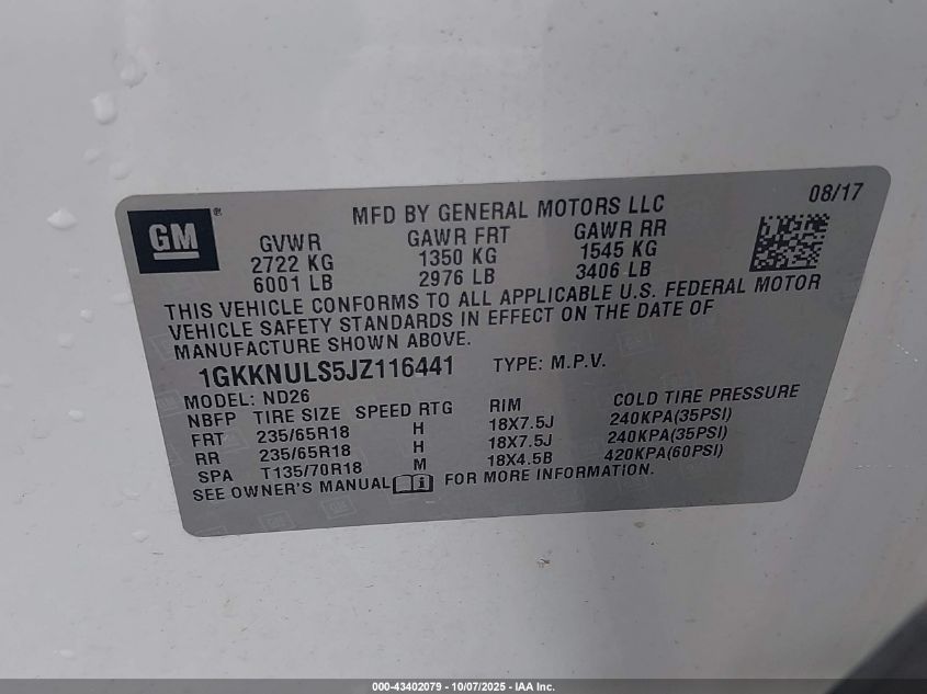 2018 GMC Acadia Slt-1 VIN: 1GKKNULS5JZ116441 Lot: 43402079