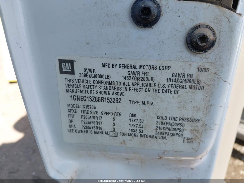 2006 Chevrolet Tahoe Z71 VIN: 1GNEC13Z86R153282 Lot: 43402081
