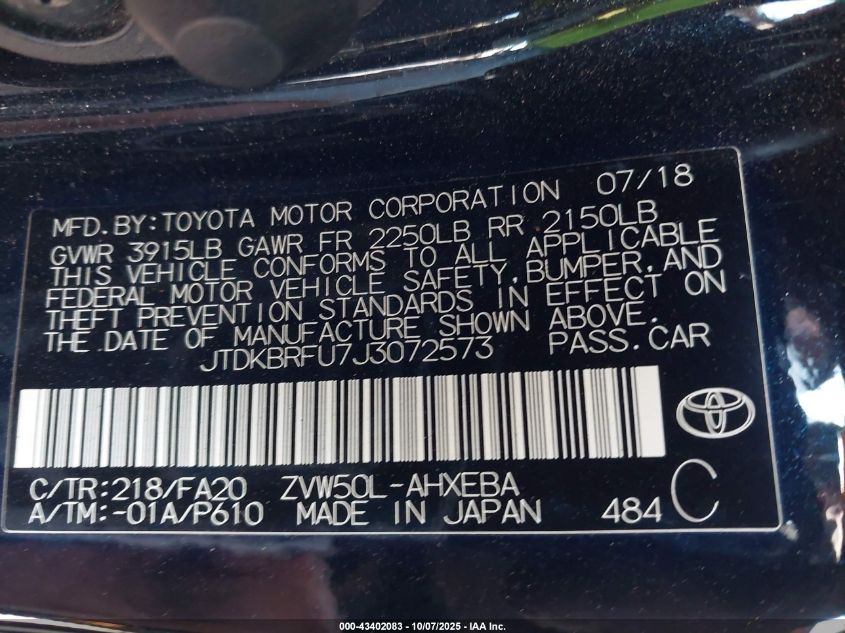 2018 Toyota Prius Two VIN: JTDKBRFU7J3072573 Lot: 43402083