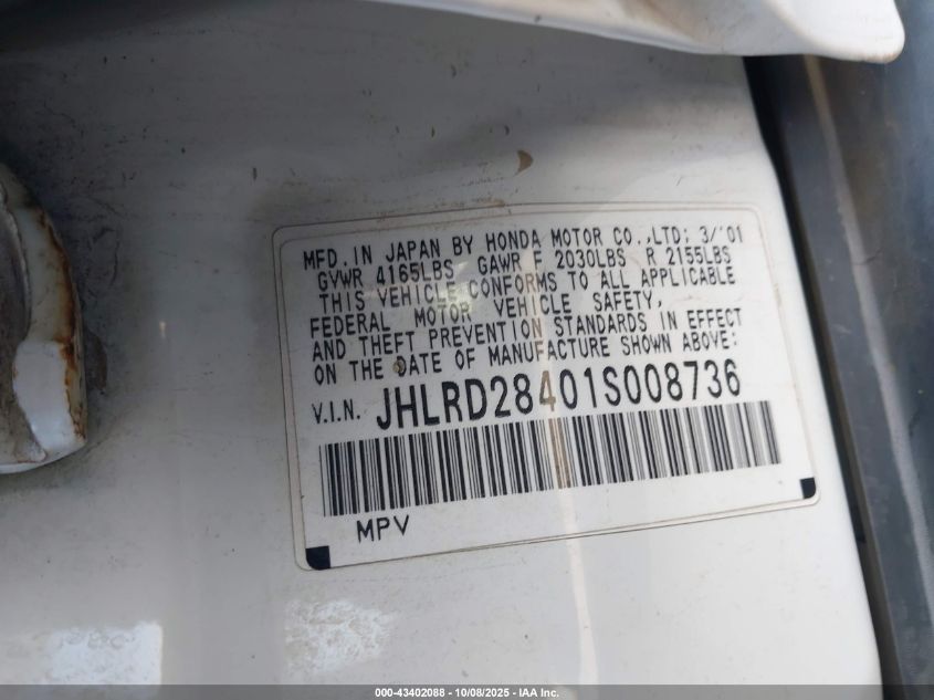 2001 Honda Cr-V Lx VIN: JHLRD28401S008736 Lot: 43402088