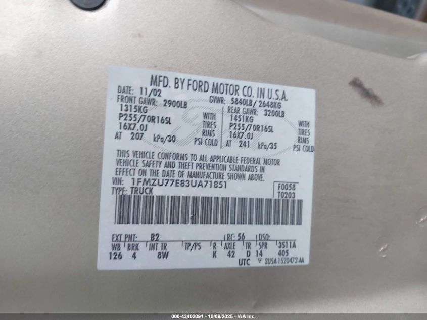 2003 Ford Explorer Sport Trac Xls/Xlt VIN: 1FMZU77E83UA71851 Lot: 43402091