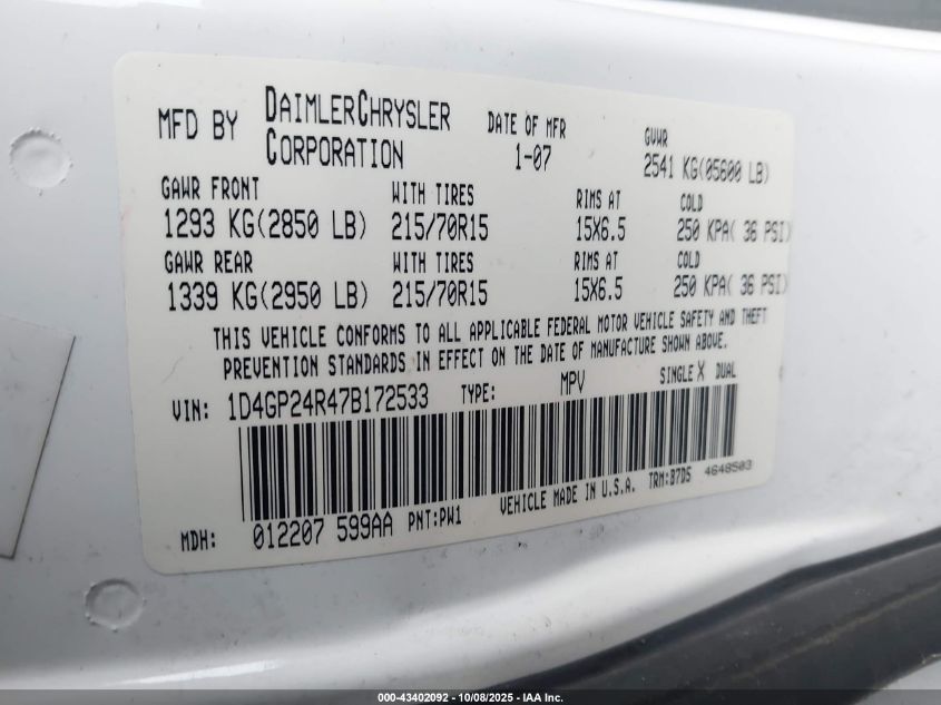 2007 Dodge Grand Caravan Se VIN: 1D4GP24R47B172533 Lot: 43402092