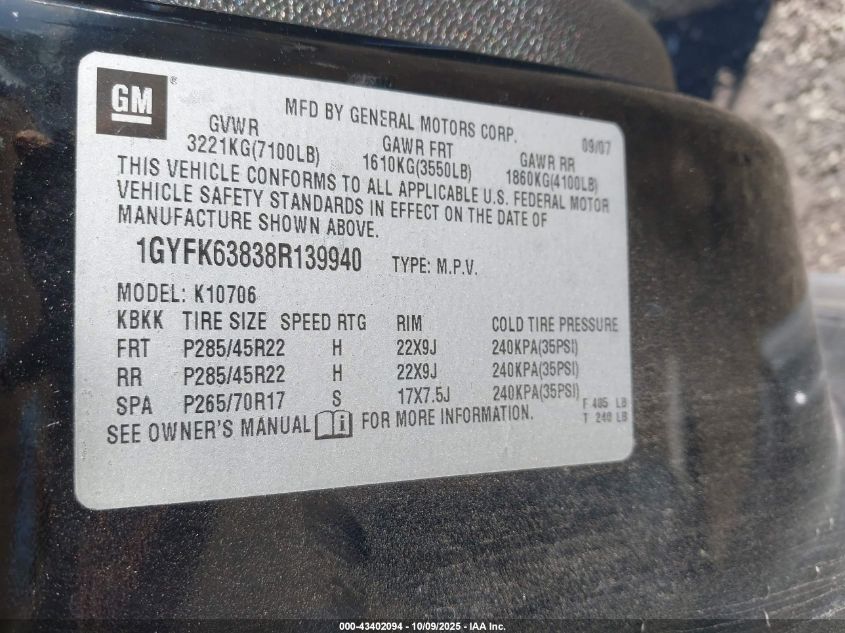 2008 Cadillac Escalade Standard VIN: 1GYFK63838R139940 Lot: 43402094