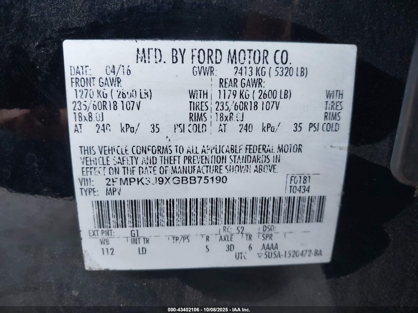 2016 FORD EDGE SEL 2FMPK3J9XGBB75190