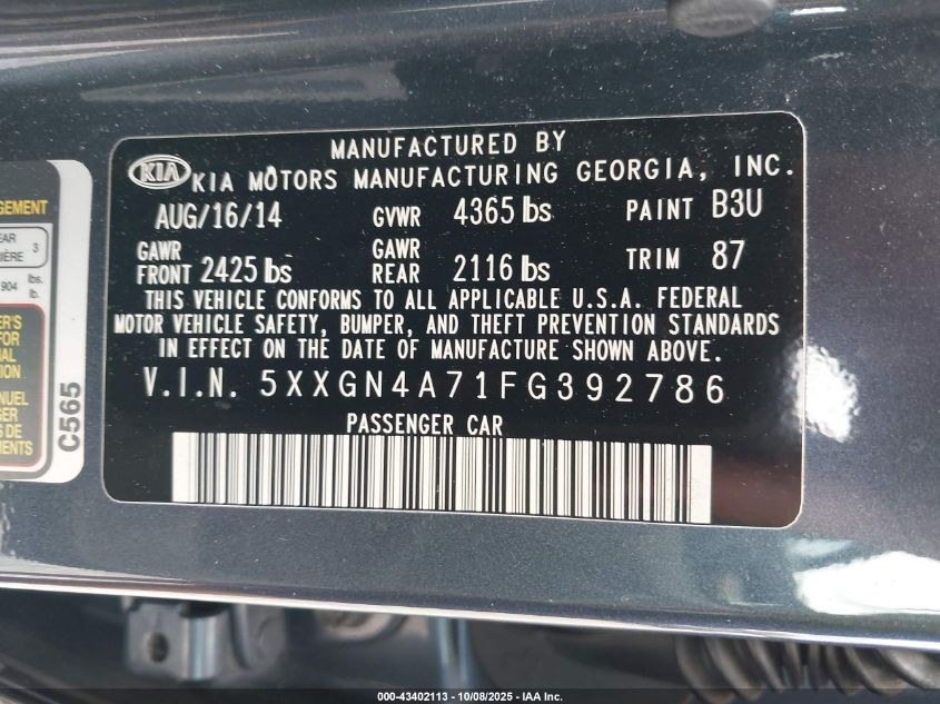 2015 Kia Optima Ex VIN: 5XXGN4A71FG392786 Lot: 43402113