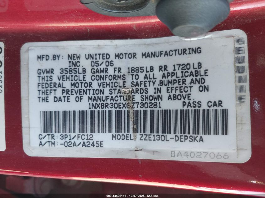 2006 Toyota Corolla S VIN: 1NXBR30EX6Z730281 Lot: 43402116