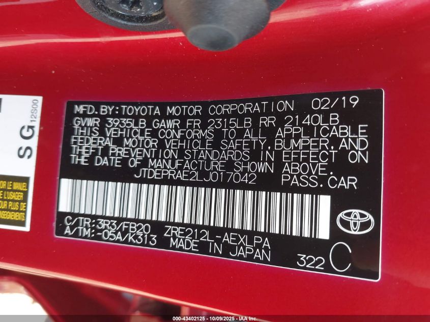 2020 Toyota Corolla Le VIN: JTDEPRAE2LJ017042 Lot: 43402125