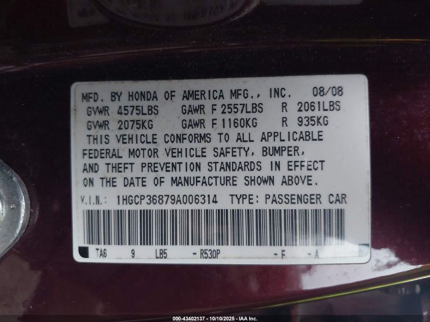 2009 Honda Accord 3.5 Ex-L VIN: 1HGCP36879A006314 Lot: 43402137