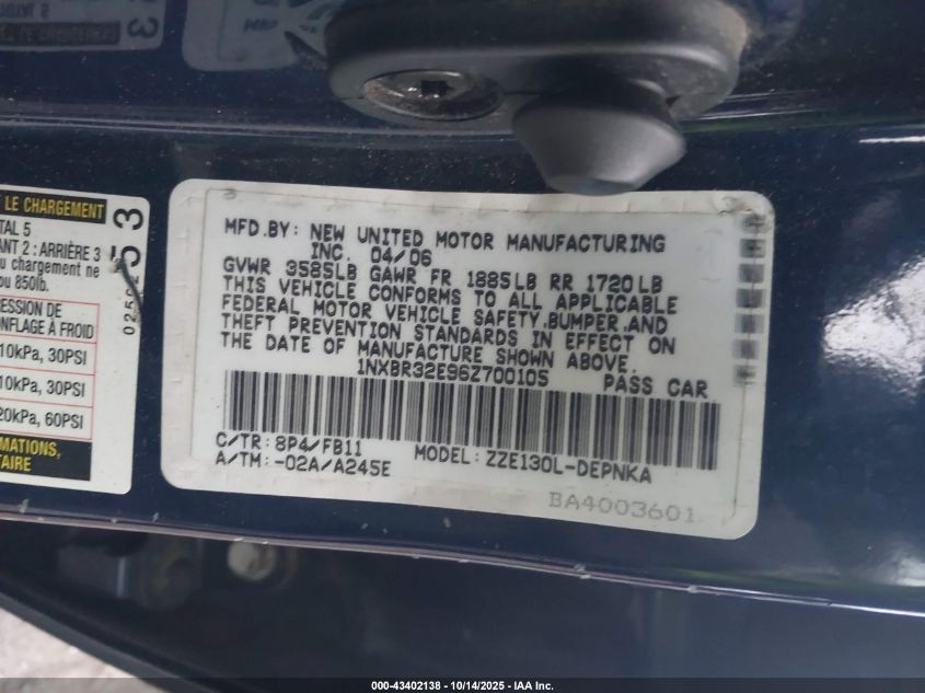 2006 Toyota Corolla Le VIN: 1NXBR32E96Z700105 Lot: 43402138