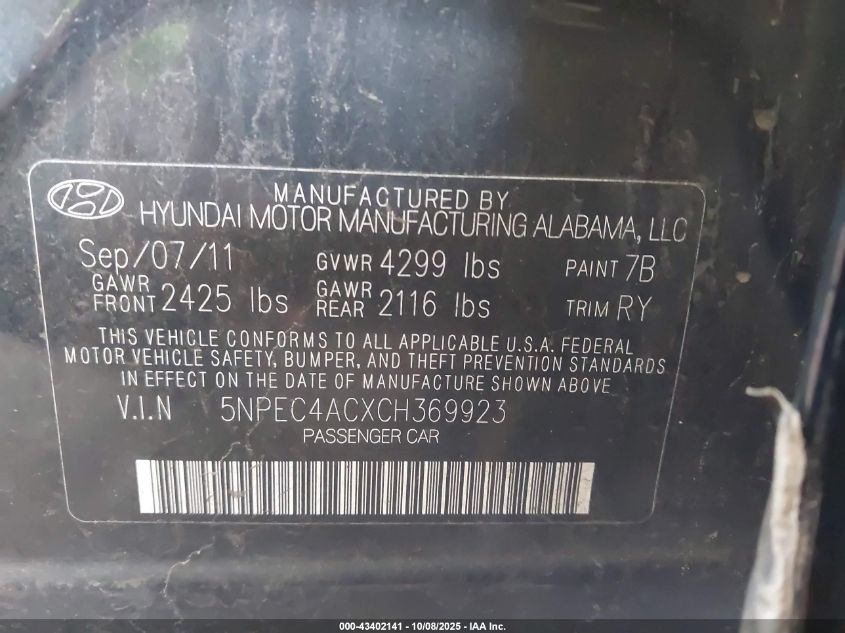 2012 Hyundai Sonata Se VIN: 5NPEC4ACXCH369923 Lot: 43402141