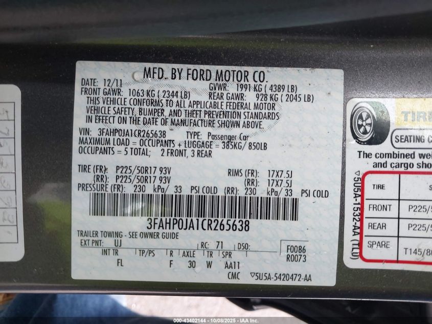 2012 Ford Fusion Sel VIN: 3FAHP0JA1CR265638 Lot: 43402144