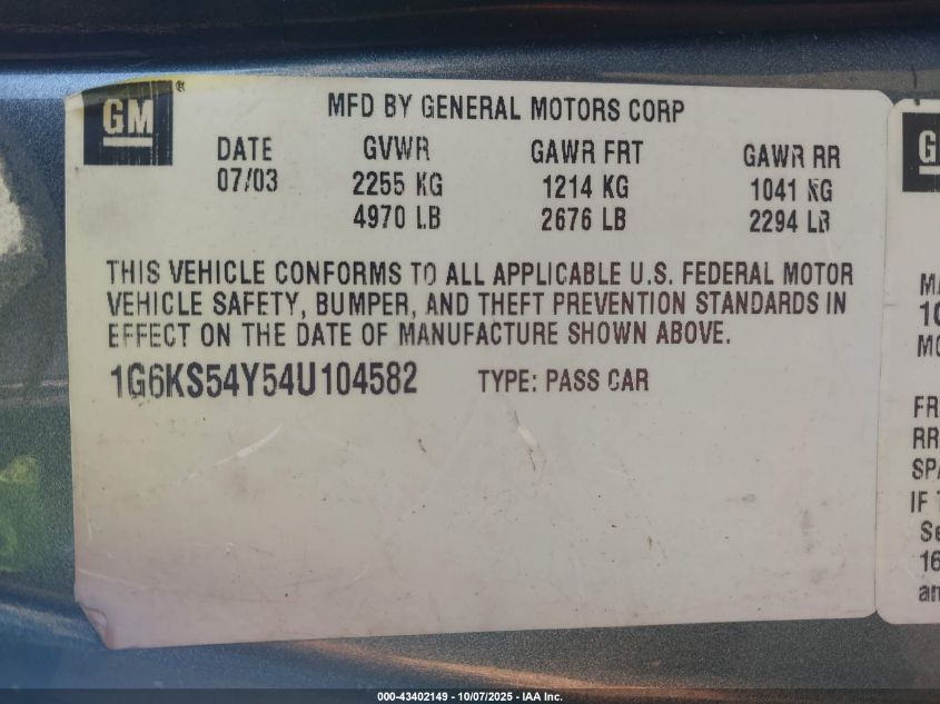 2004 Cadillac Seville Sls VIN: 1G6KS54Y54U104582 Lot: 43402149