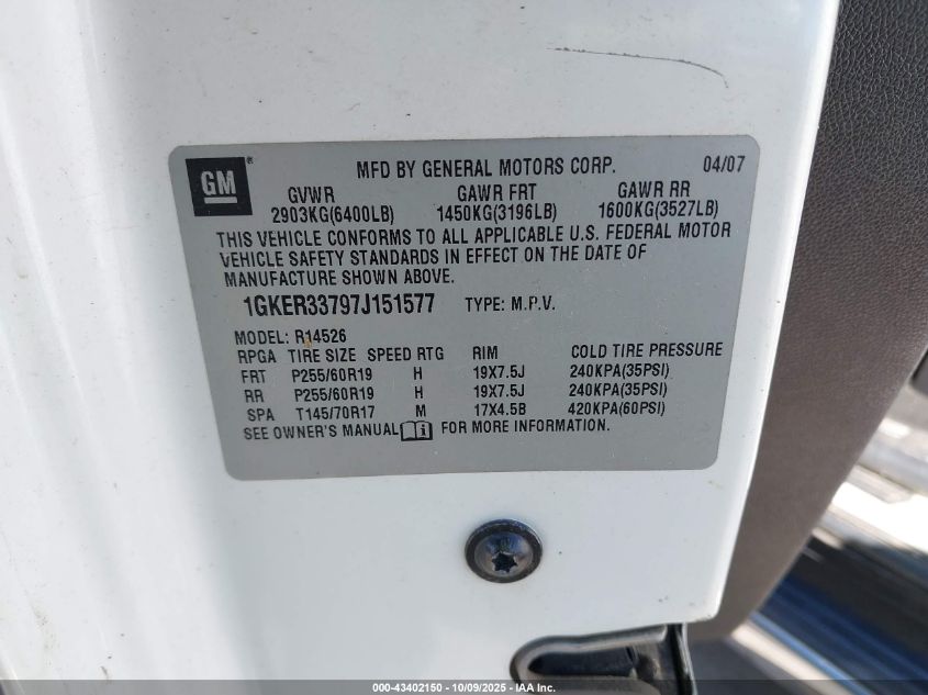 2007 GMC Acadia Slt-1 VIN: 1GKER33797J151577 Lot: 43402150
