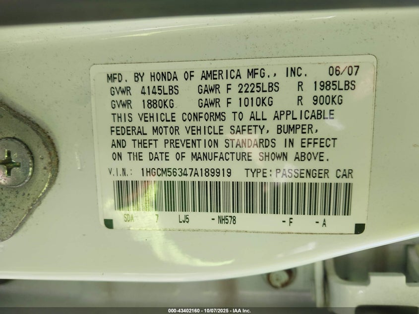 2007 Honda Accord 2.4 Se VIN: 1HGCM56347A189919 Lot: 43402160