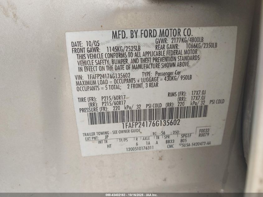 2006 Ford Five Hundred Sel VIN: 1FAFP24176G135602 Lot: 43402163