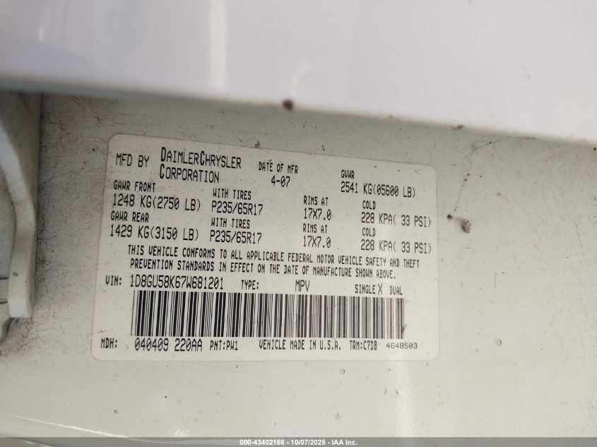 2007 Dodge Nitro Slt/Rt VIN: 1D8GU58K67W681201 Lot: 43402166