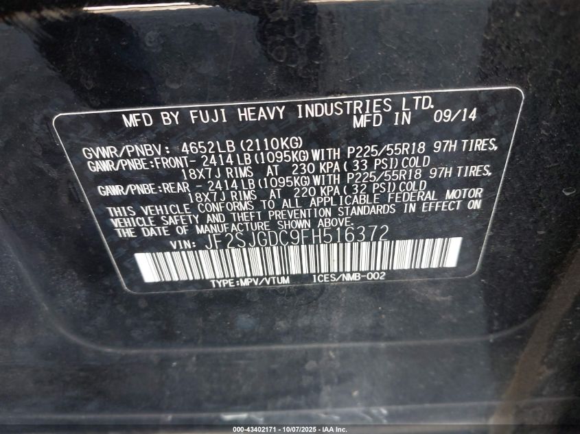 2015 Subaru Forester 2.0Xt Premium VIN: JF2SJGDC9FH516372 Lot: 43402171