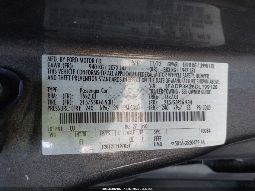 2013 Ford Focus Se VIN: 1FADP3K26DL199126 Lot: 43402187