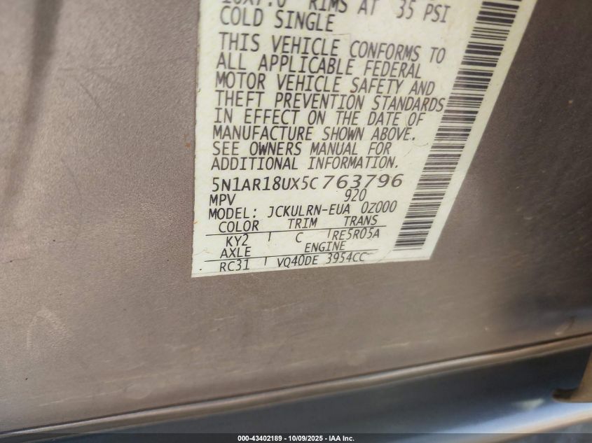 2005 Nissan Pathfinder Xe VIN: 5N1AR18UX5C763796 Lot: 43402189