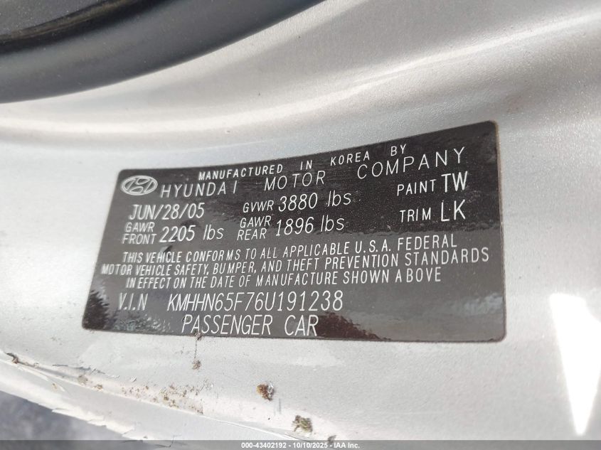 2006 Hyundai Tiburon Gt/Gt Limited/Se VIN: KMHHN65F76U191238 Lot: 43402192