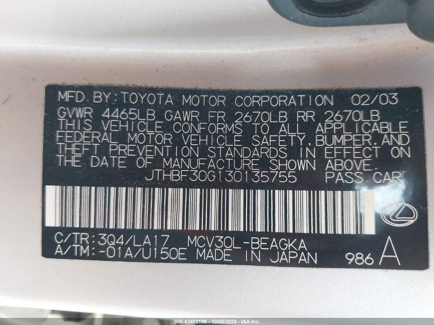 2003 Lexus Es 300 VIN: JTHBF30G130135755 Lot: 43402196