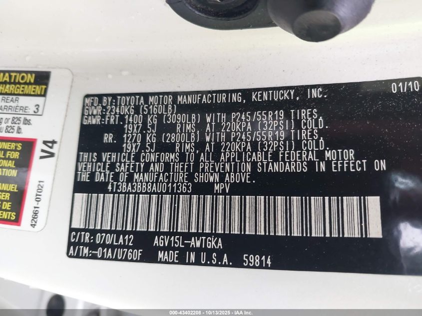 2010 Toyota Venza VIN: 4T3BA3BB8AU011363 Lot: 43402208