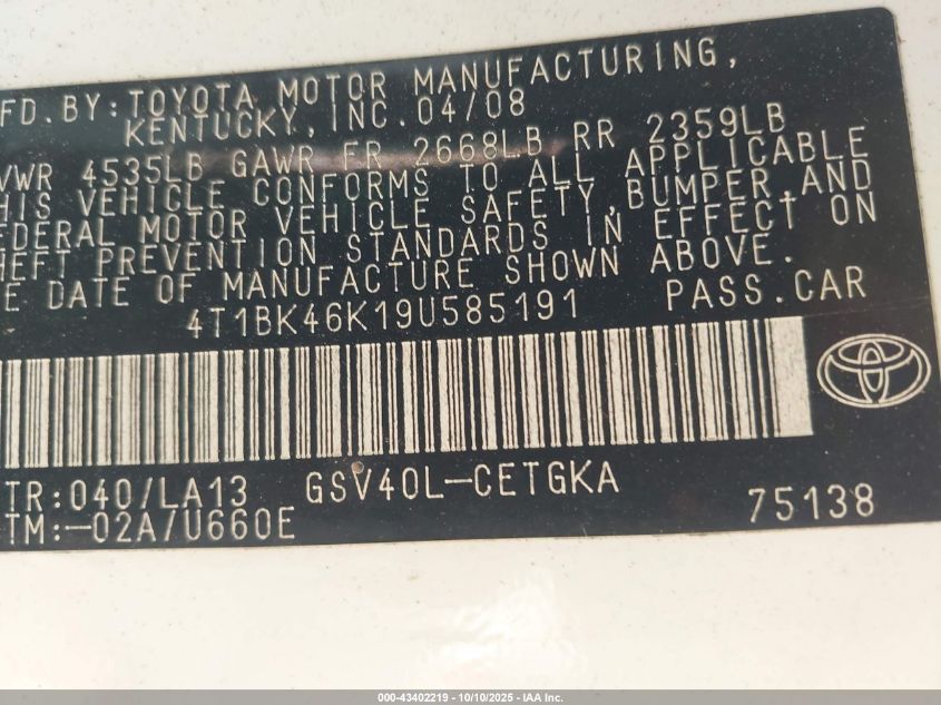 2009 Toyota Camry Xle V6 VIN: 4T1BK46K19U585191 Lot: 43402219