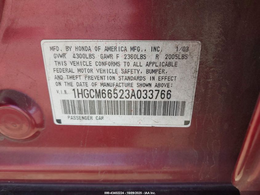 2003 Honda Accord 3.0 Ex VIN: 1HGCM66523A033766 Lot: 43402224