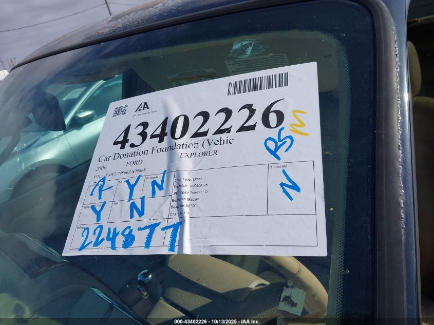 2006 Ford Explorer Eddie Bauer VIN: 1FMEU74866ZA09868 Lot: 43402226