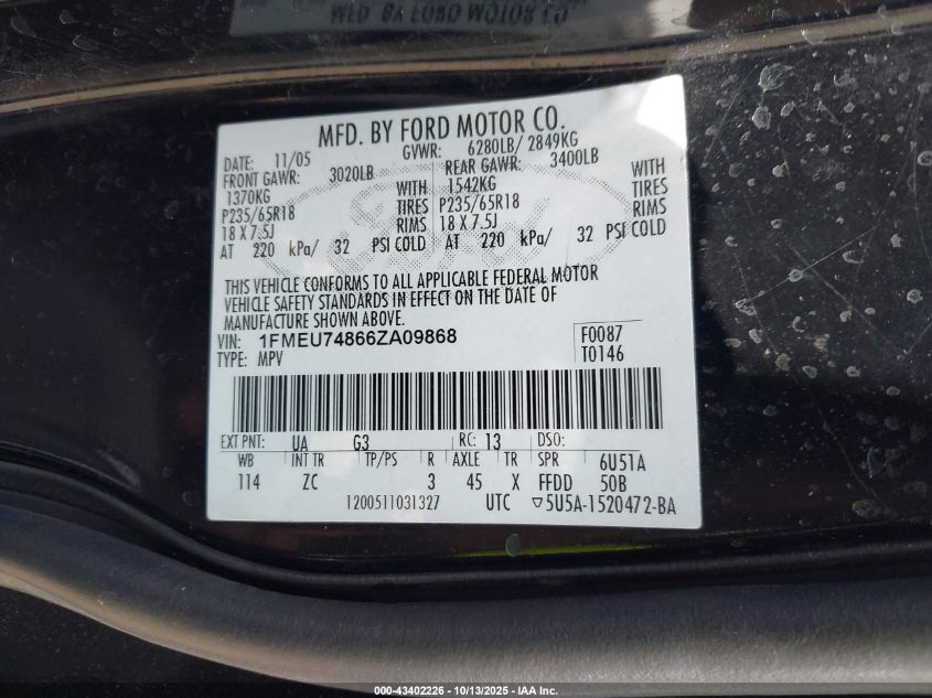 2006 Ford Explorer Eddie Bauer VIN: 1FMEU74866ZA09868 Lot: 43402226