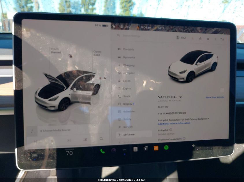 2025 Tesla Model Y Long Range Dual Motor Rear-Wheel Drive VIN: 7SAYGDED2SF219910 Lot: 43402232